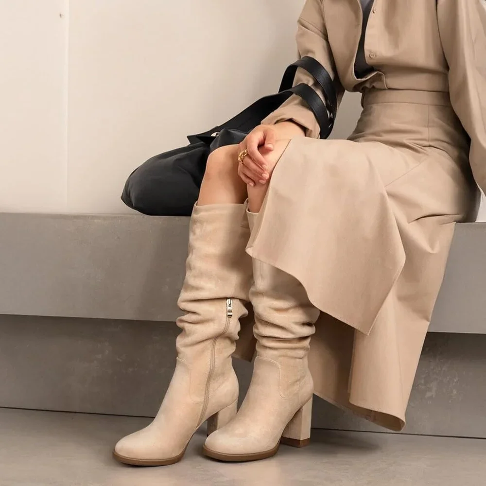 Women's Beige Tall Chunky High Heel Side Zipper Knee High Boots With Party